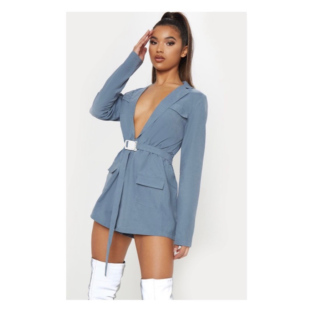 Dusky blue plunge utility romper PLT onesie HOT